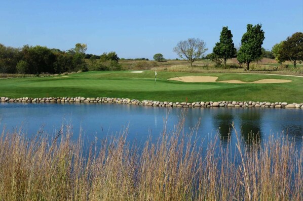 A golf course with a pond in the foreground and trees in the background.