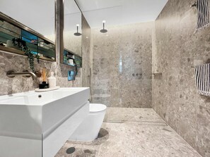 Shower, hair dryer, towels