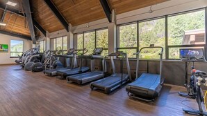 A gym with treadmills, elliptical machines, and stationary bikes arranged in rows. - Pool, Hot Tub, Tennis and Golf, Amazing Views! (Durango)