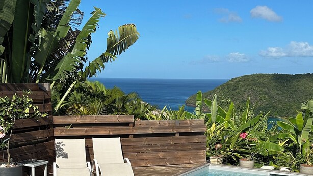 A rectangular swimming pool with clear blue water, surrounded by wooden deck and lounge chairs. - Luxury villa with sea view (Les Anses-d'Arlet)