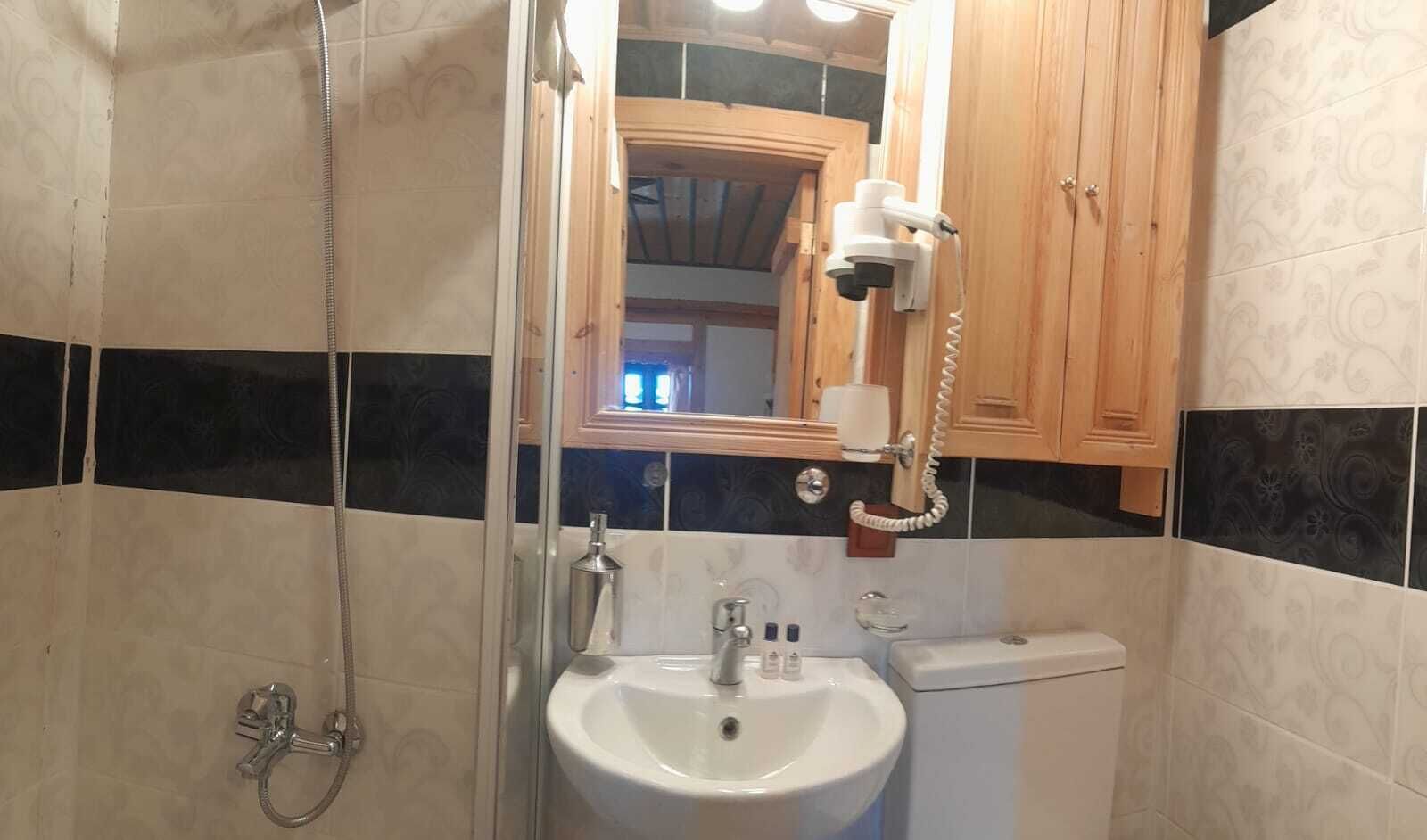 A bathroom with a glass-enclosed shower, a sink with a mirror above it, and a toilet.