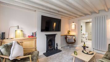 Smart TV, fireplace, books, printers