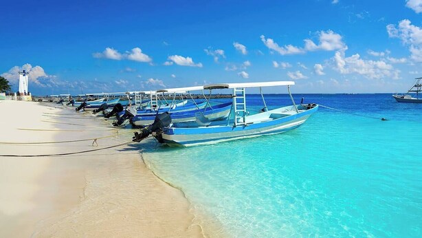 A beach with several boats docked along the shore, a clear blue sky, and a sandy beach.