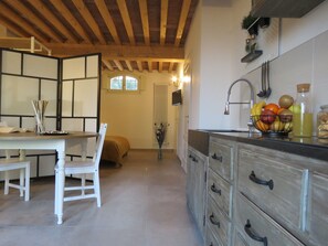 Klassieke tweepersoonskamer | Privékeuken | Een koelkast, een microgolfoven, een kookplaat, een kinderstoel