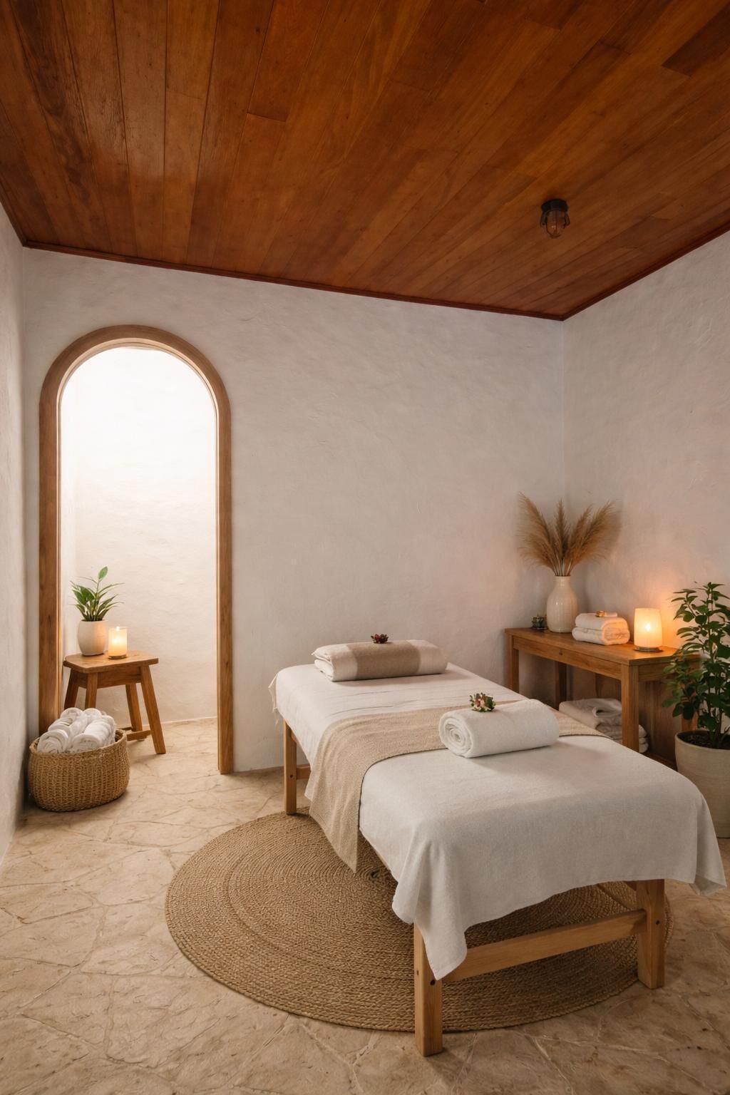 A spa room with a wooden ceiling, a massage table, a round woven rug, a small table with candles, and a potted plant.