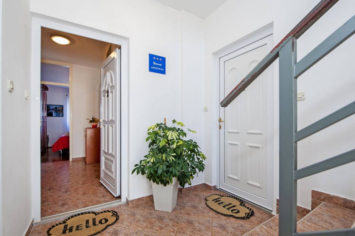 A hallway with a 'HELLO' mat, a potted plant, and a sign indicating an apartment.