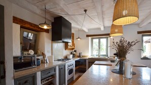 A modern kitchen with a large island, built-in appliances, and pendant lighting. - Majestic Rustical Kanfanar Villa With Pool (Kanfanar)