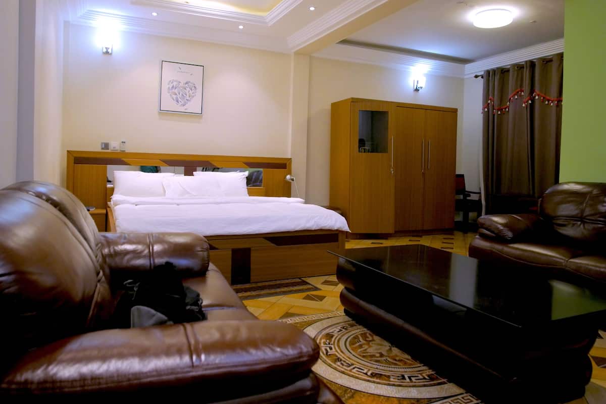 Une chambre d’hôtel comprenant un lit, une armoire, un canap é en cuir, une table basse et un téléviseur.