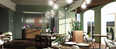 A restaurant interior with wooden tables, chairs, hanging lights, and a view through large windows.