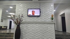 Aula, jossa on seinälle asennettu televisio, suuri maljakko oksineen ja kuvioitu seinä.