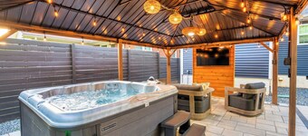 Uptown Oasis, Hot Tub, Swing Chairs, Fire Pit, Gazebo
