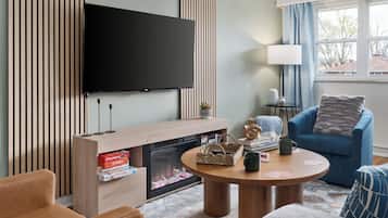 Smart TV, fireplace, books