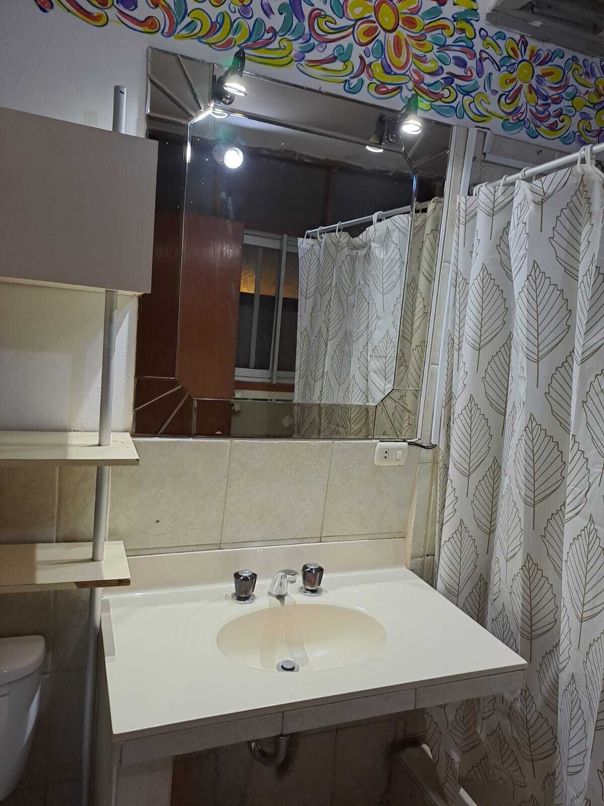 Un baño con un lavabo blanco, un espejo y una cortina de ducha con estampado de hojas.