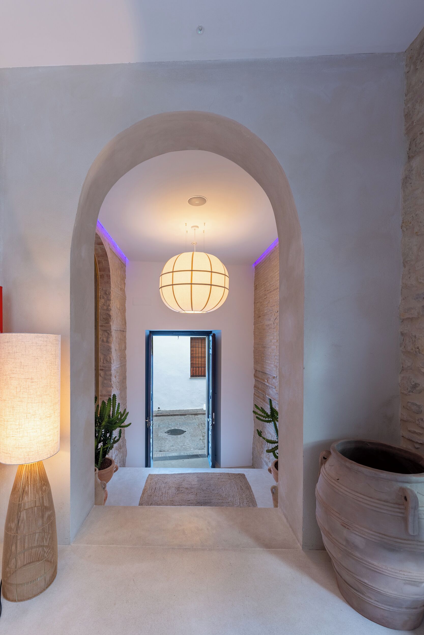 A hallway with an arched doorway, a large potted plant, a floor lamp, and a ceiling light fixture.