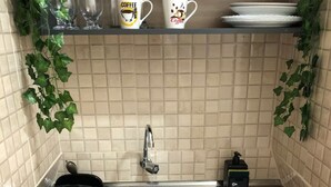 A kitchen with a sink, a coffee maker, and a dish rack.