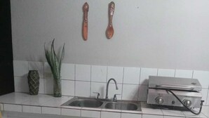 A kitchen with a sink, two wooden spoons, a toaster, and a potted plant.