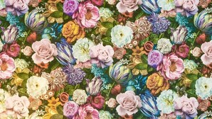 A hotel room with a floral wallpaper, a bed with multiple pillows, and a nightstand with a lamp and a decorative item. - Brighton Apartment Near Beach| Walk Everywhere (Brighton and Hove)