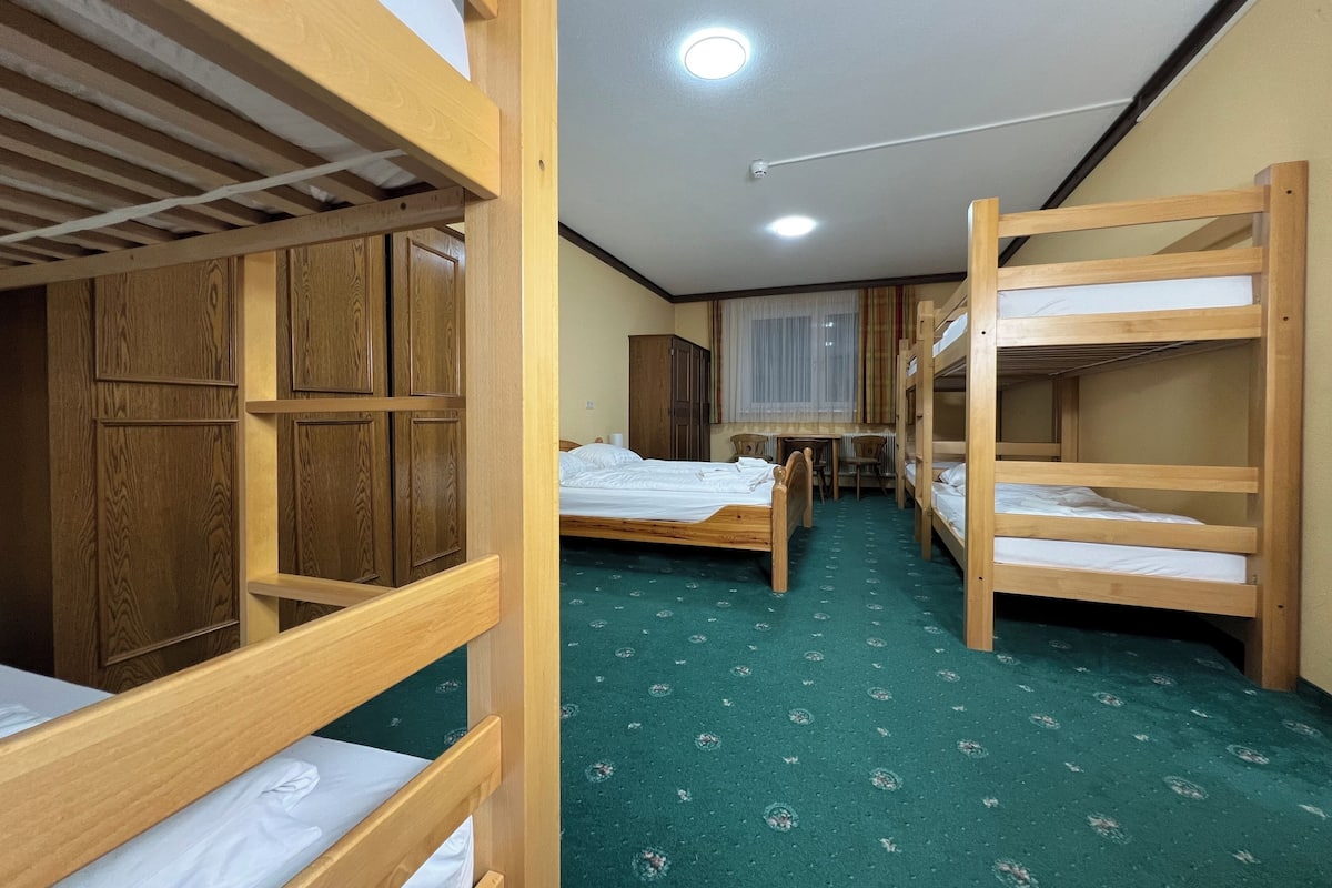 A room with bunk beds, a desk, and a chair.