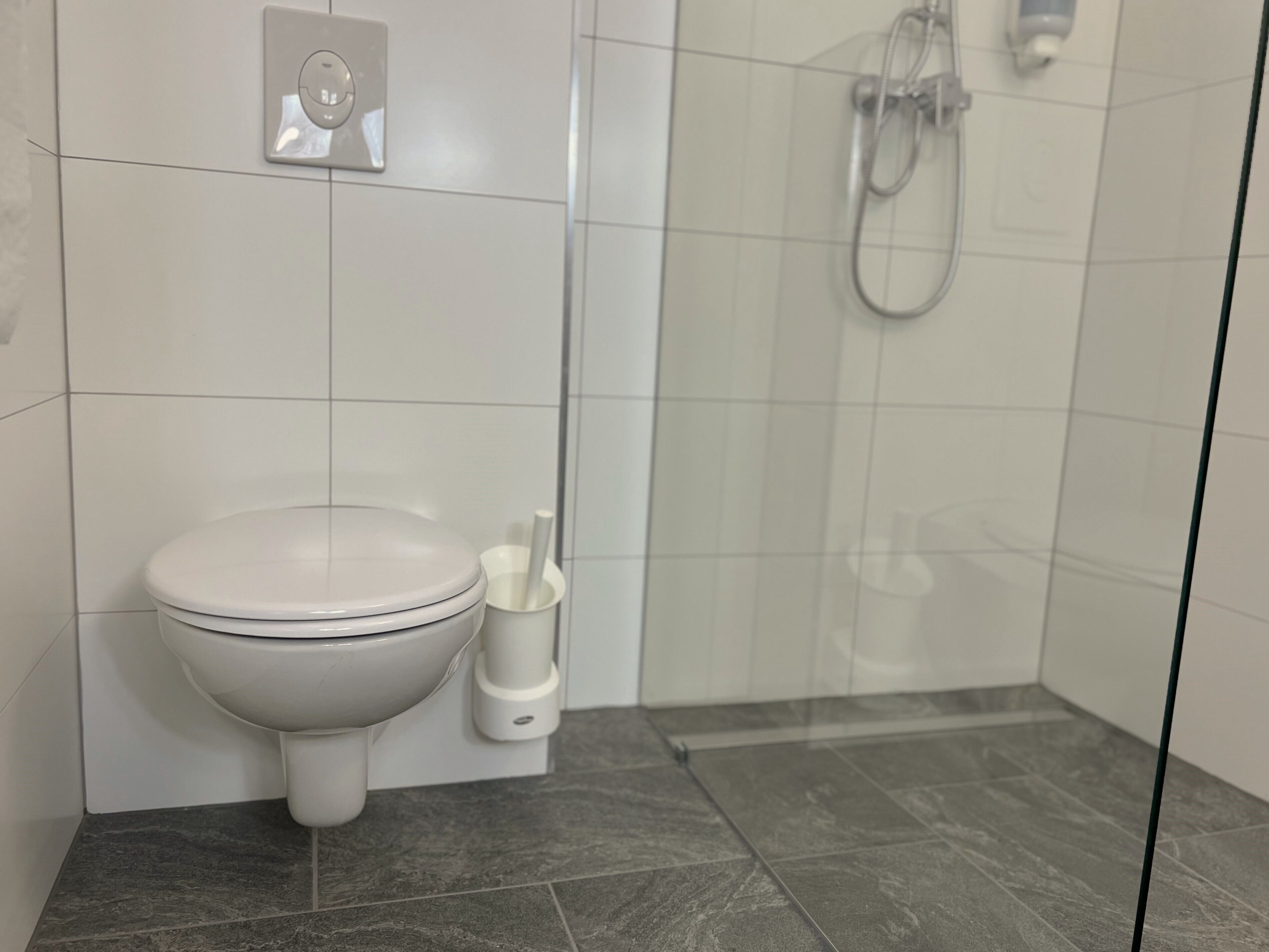 Un baño moderno con inodoro, bidé y zona de ducha con paredes de vidrio.