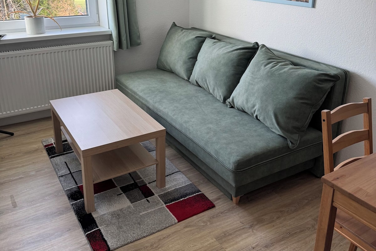 A cozy living room with a green sofa, a wooden coffee table, and a view of mountains through a window.