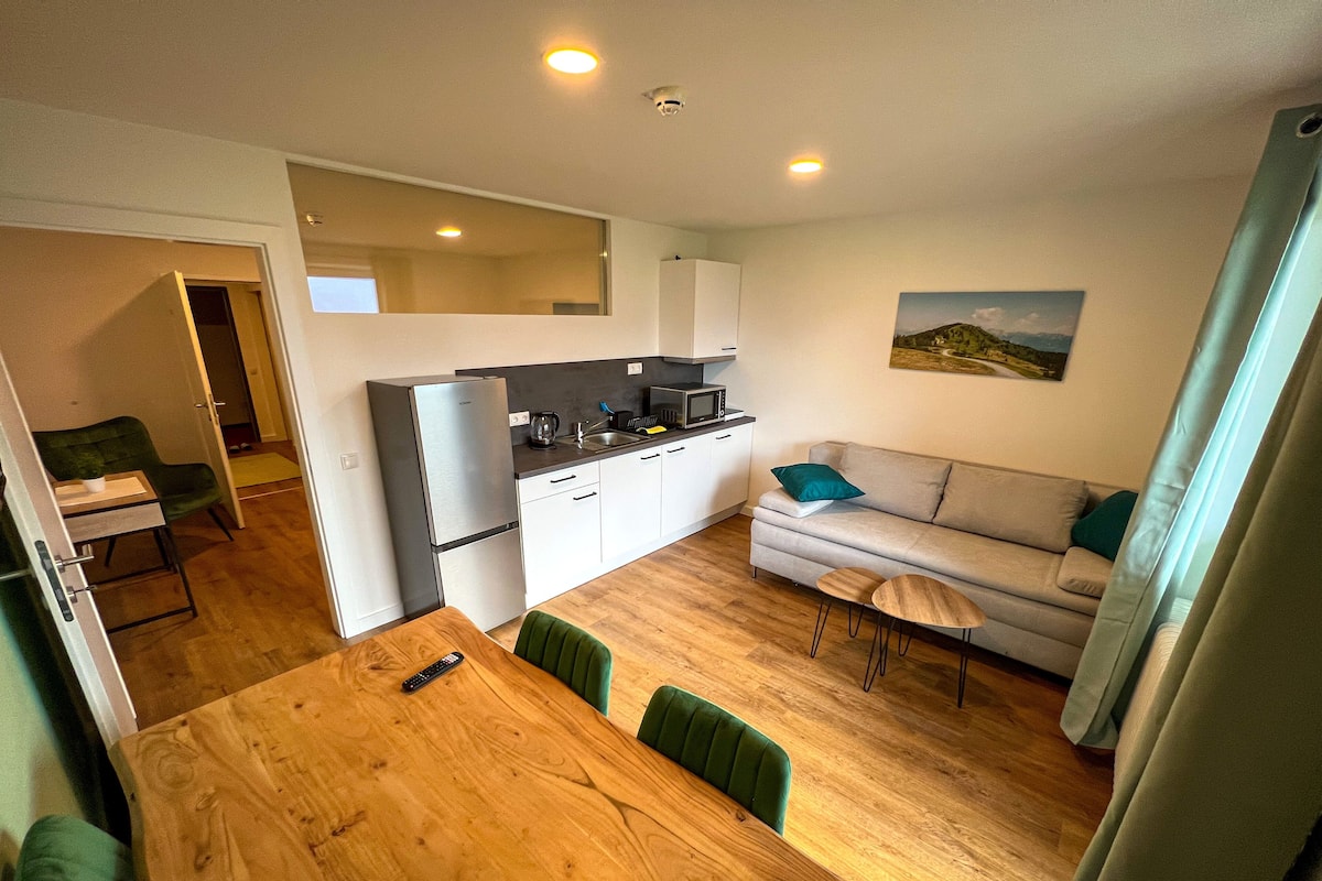 A modern apartment with a kitchen, dining area, and living room.