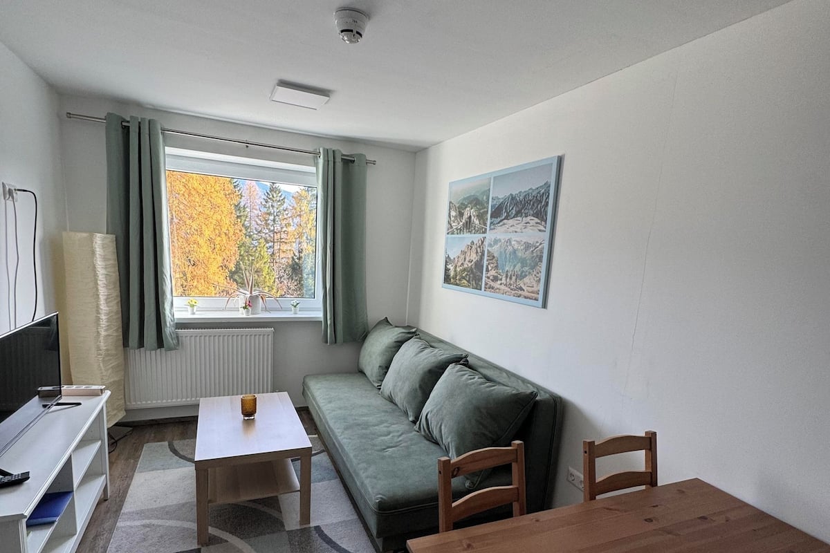 A compact living space with a sofa, a wooden table, a TV, and a radiator.