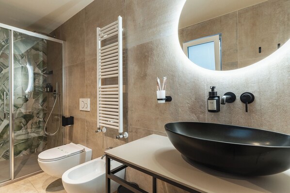 Shower, hair dryer, bidet, towels