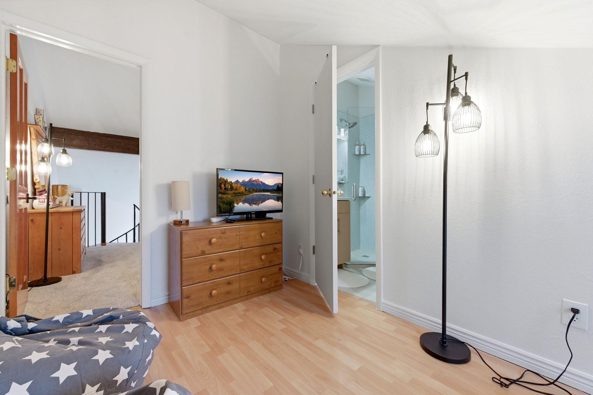 A bedroom with a bed, dresser, TV, and a floor lamp.