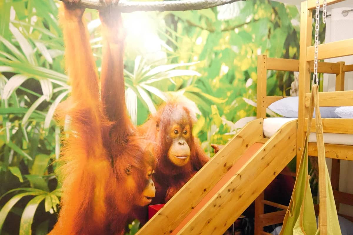 A room with a wooden play area, including a slide and hanging hammock.