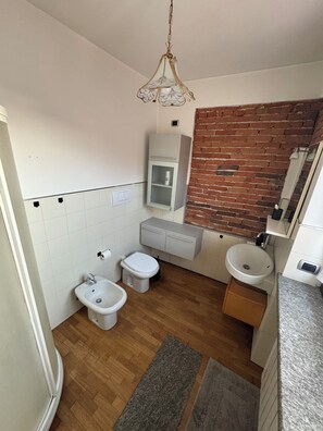 Douche, bidet, serviettes fournies, papier toilette