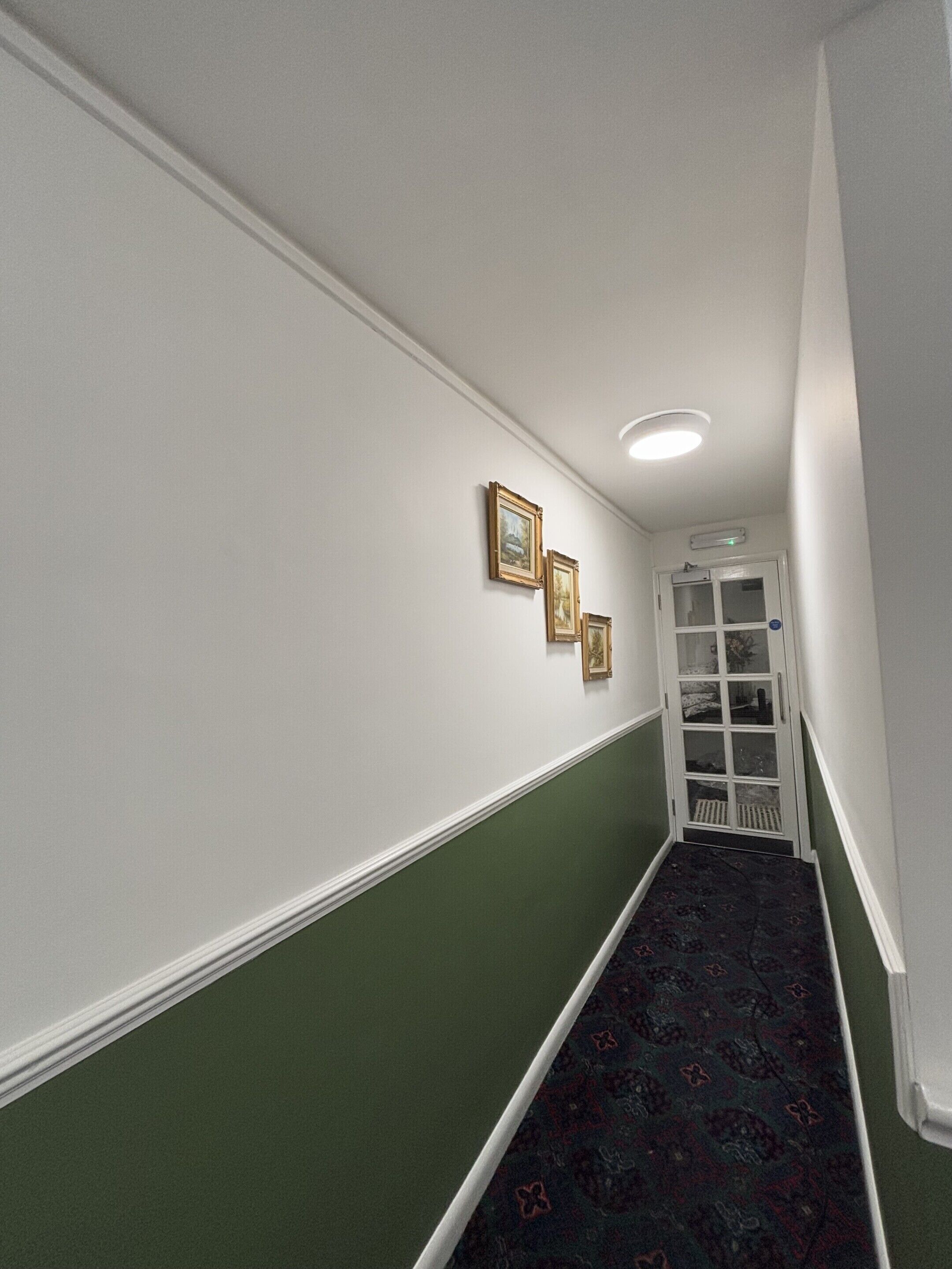 A hallway with green wainscoting, white walls, and a patterned carpet.