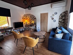 Smart TV, fireplace, books