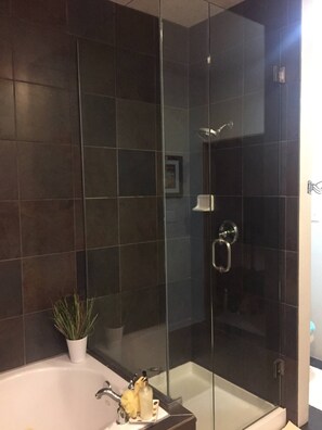 Jetted tub, hair dryer, towels, soap