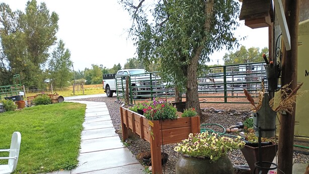A paved pathway leading to a wooden planter box with flowers, a large planter, and a metal chair.