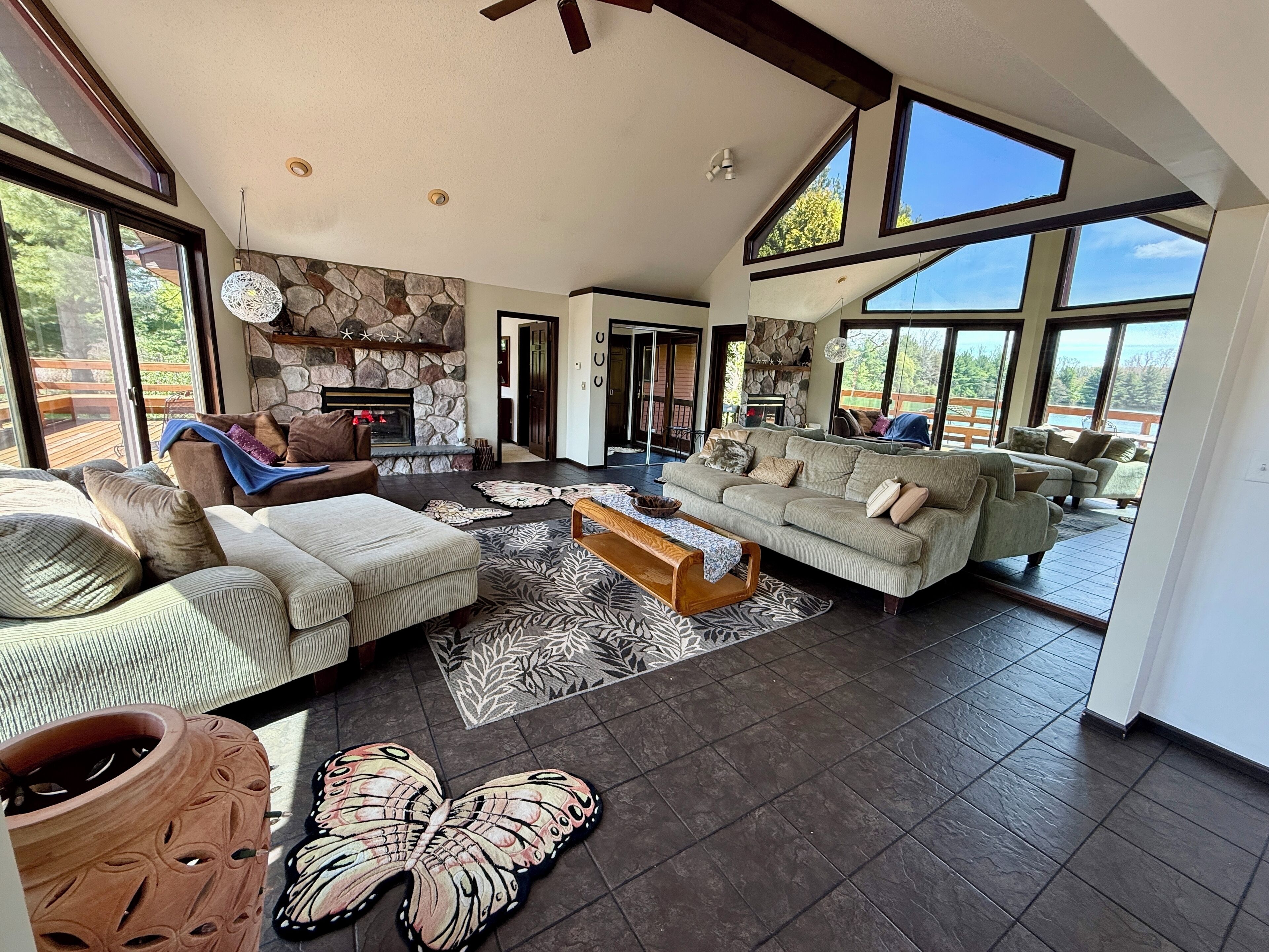 Smart TV, chimenea y libros 