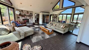 Smart TV, chimenea y libros