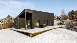 A modern, dark-colored house with a sloped roof, large windows, and a wooden deck.