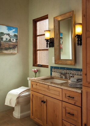 Jetted tub, hair dryer, towels, soap