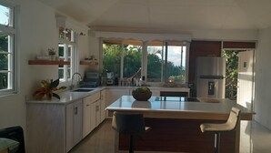 A modern kitchen with a central island, a refrigerator, and a window overlooking greenery. - Modern Eco lodge with A/C in bedrooms and 40ft patio for relaxation and fun. (St. Sylvans Village)