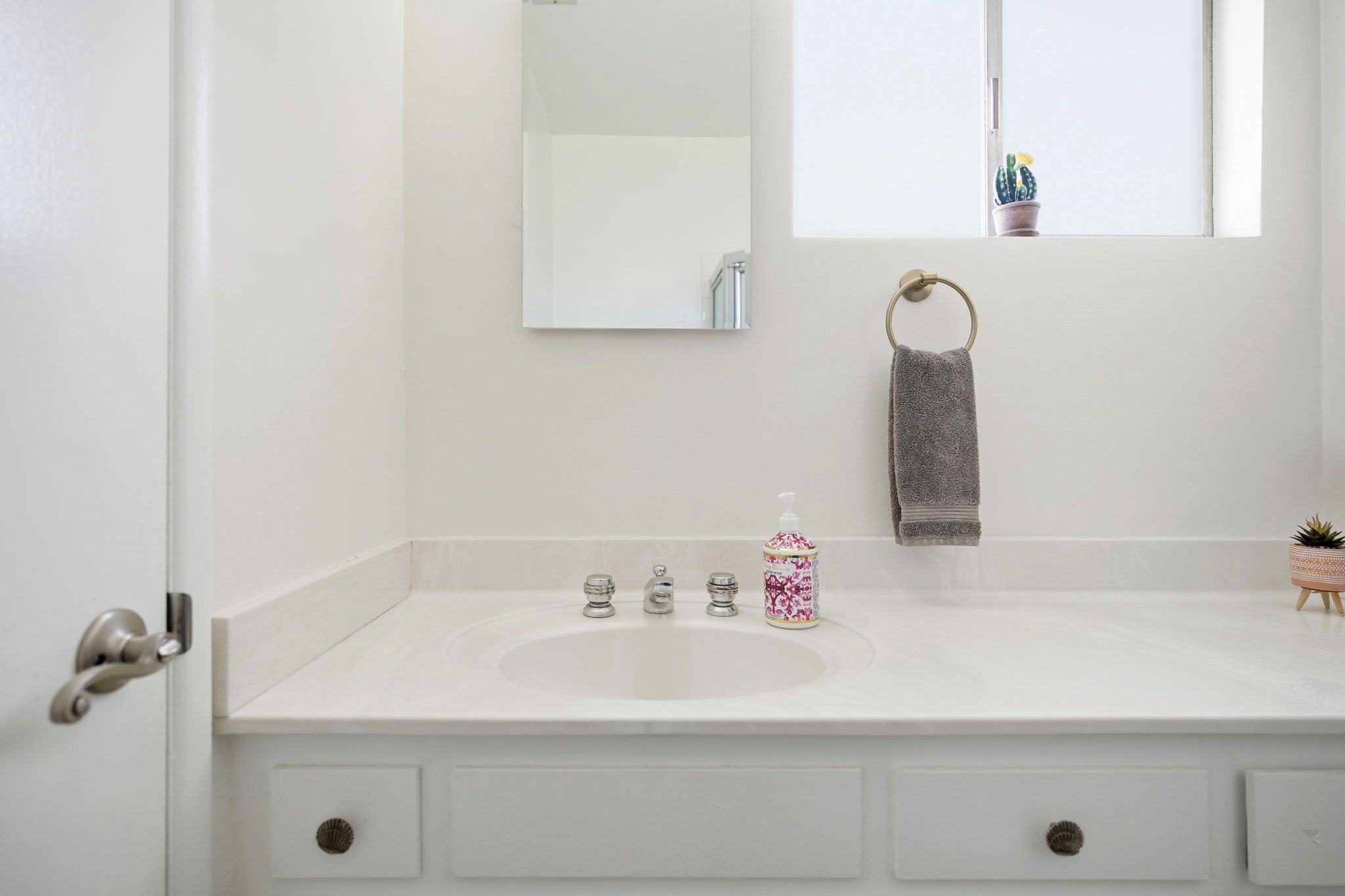 A bathroom with a white sink, a mirror, a towel ring, a small potted plant, and a window with a view of a cactus.