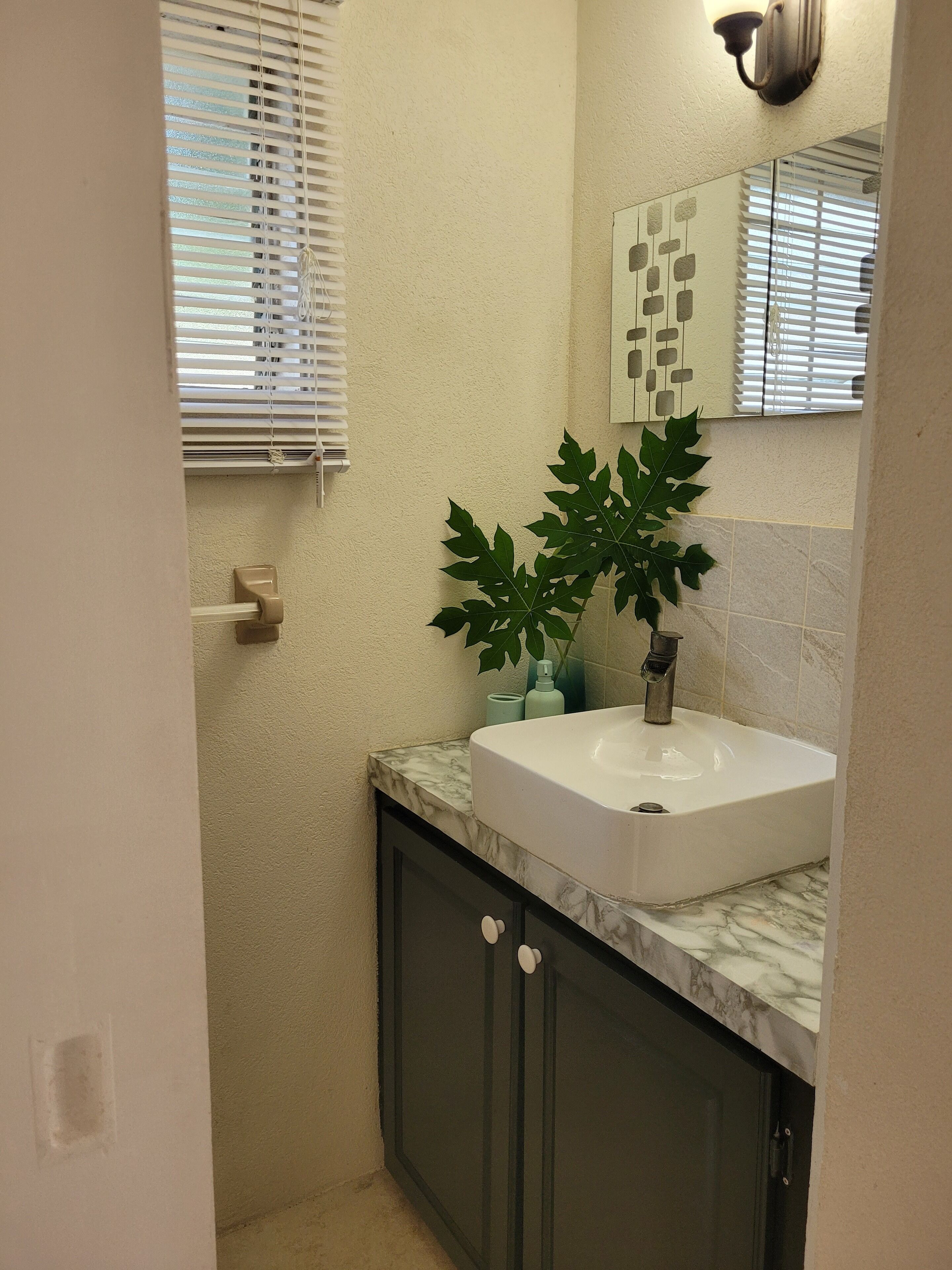 Shower, hair dryer, towels, toilet paper