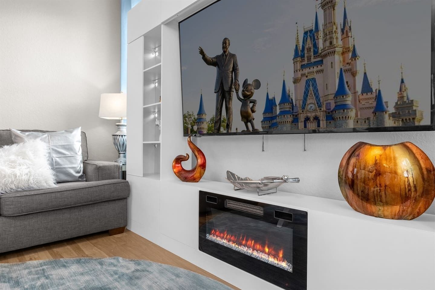Smart TV, fireplace, video games, DVD player