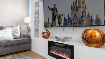 Smart TV, fireplace, video games, DVD player