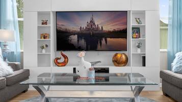 TV connectée, cheminée, jeux vidéo, lecteur de DVD