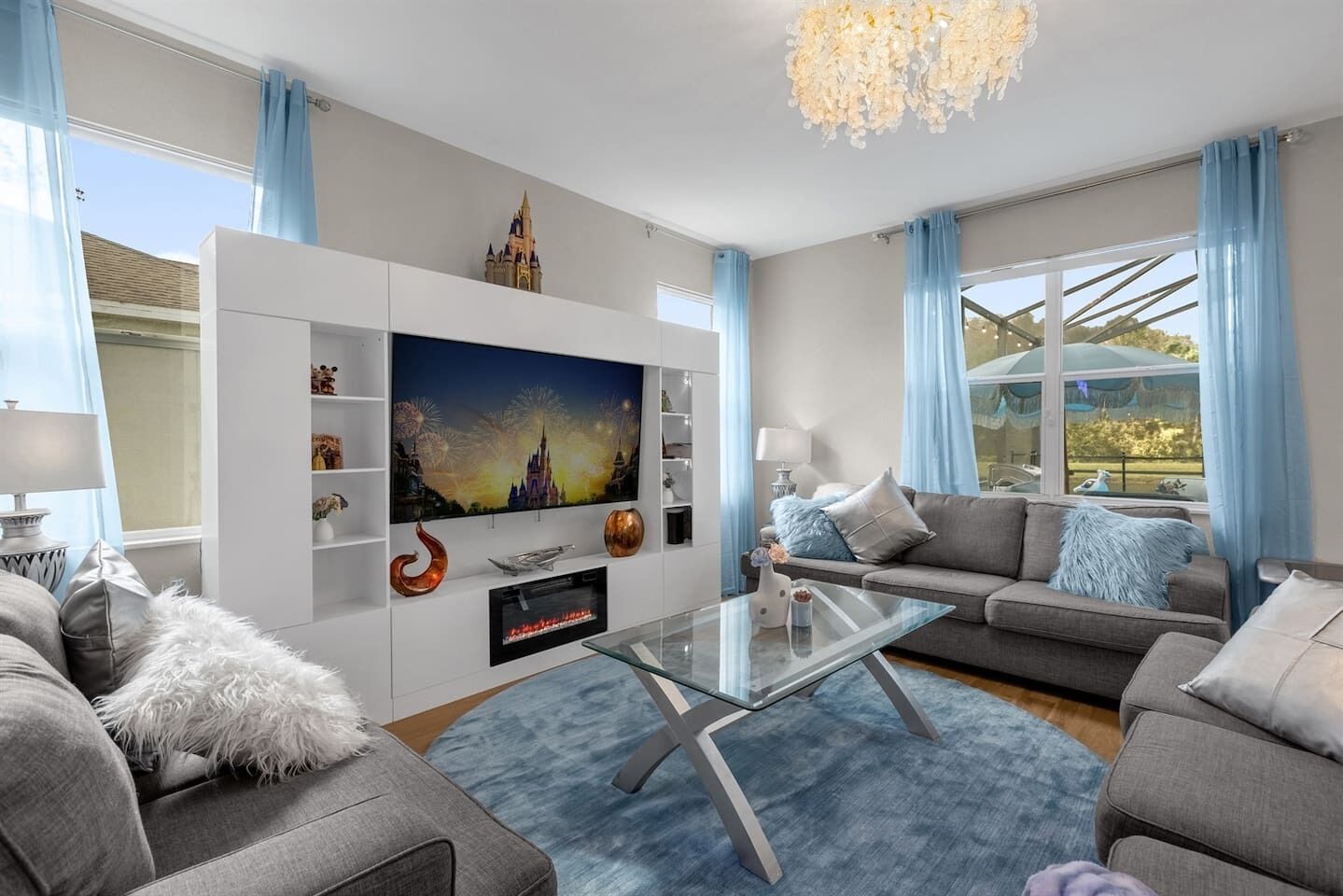 Smart TV, fireplace, video games, DVD player