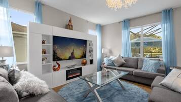 Smart TV, fireplace, video games, DVD player