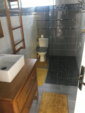 Chuveiro, bidê, toalhas de banho, papel higiênico