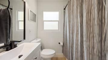 Hair dryer, towels, soap
