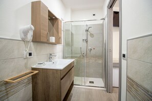 Shower, hair dryer, bidet, towels