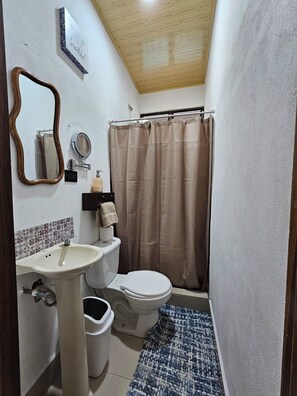 Hair dryer, towels, soap, toilet paper